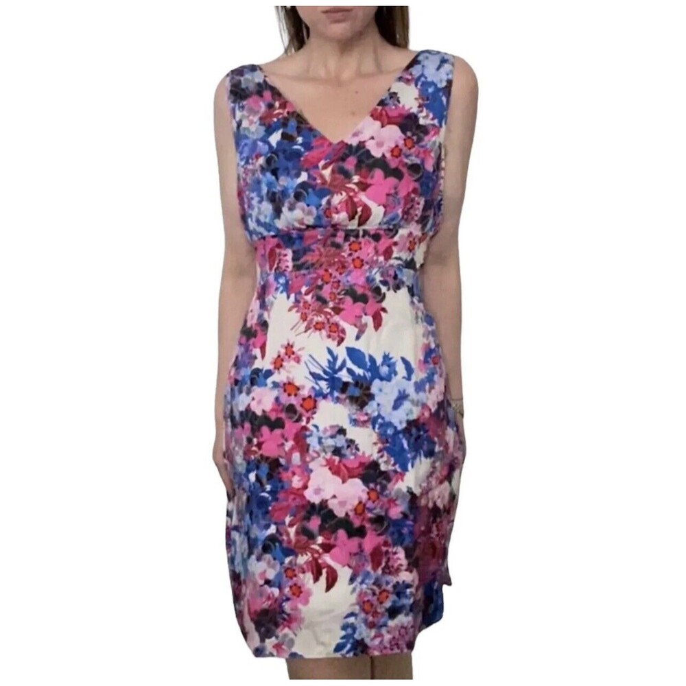 Erdem Sleeveless V-Neck Pink & Blue Floral Sheath Dress Sz 6